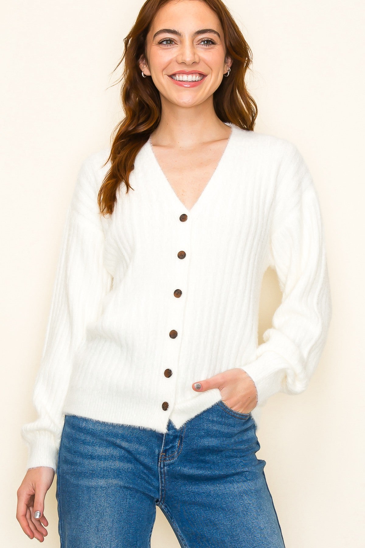 Fuzzy Ribbed Cardigan - Ivory