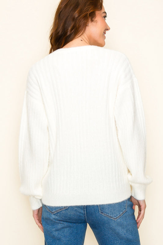 Fuzzy Ribbed Cardigan - Ivory