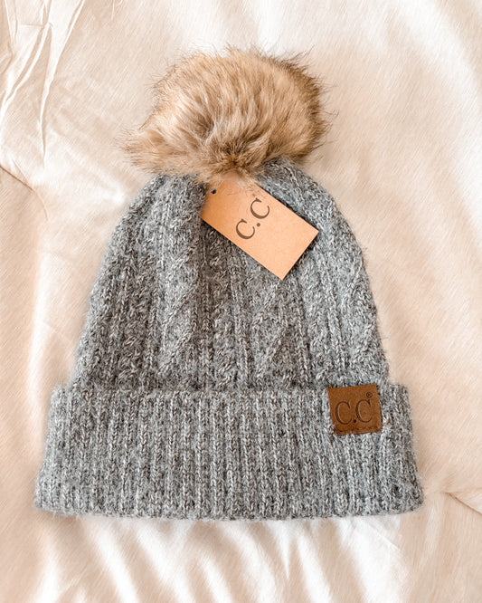 Cuffed Pom Beanie - Grey - FINAL SALE