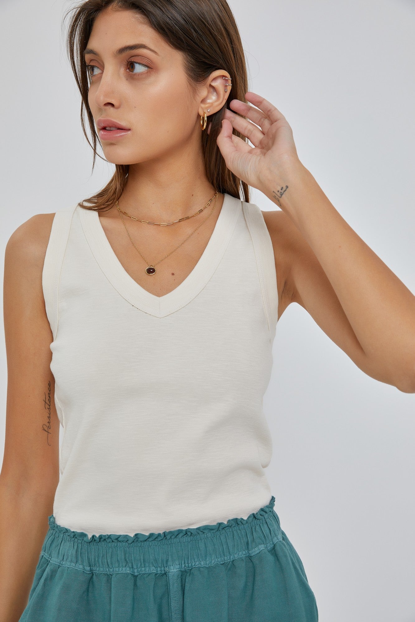 V-Neck Ribbed Tank - Natural