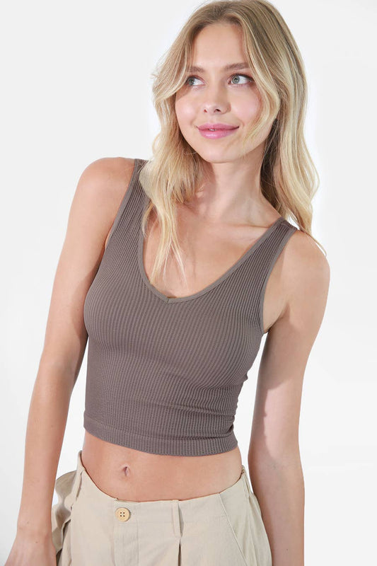 Ribbed V-Neck Crop Top - Pewter - FINAL SALE