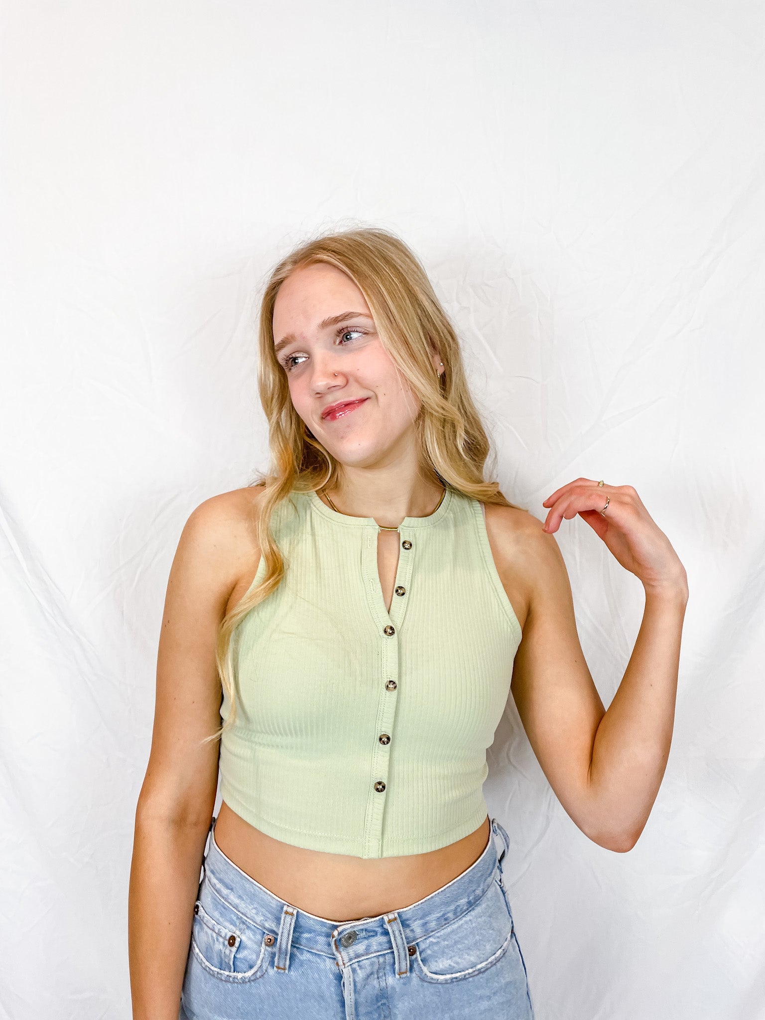 Cora Button Crop Tank - Pastel Green - Hope + Freya