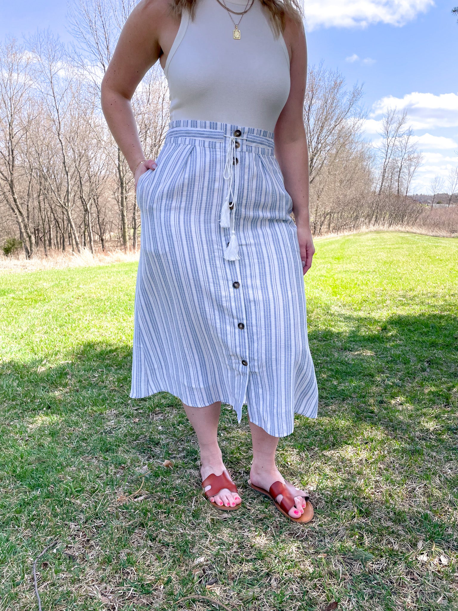 Gina Button-Front Midi Skirt - White/Blue - Hope + Freya