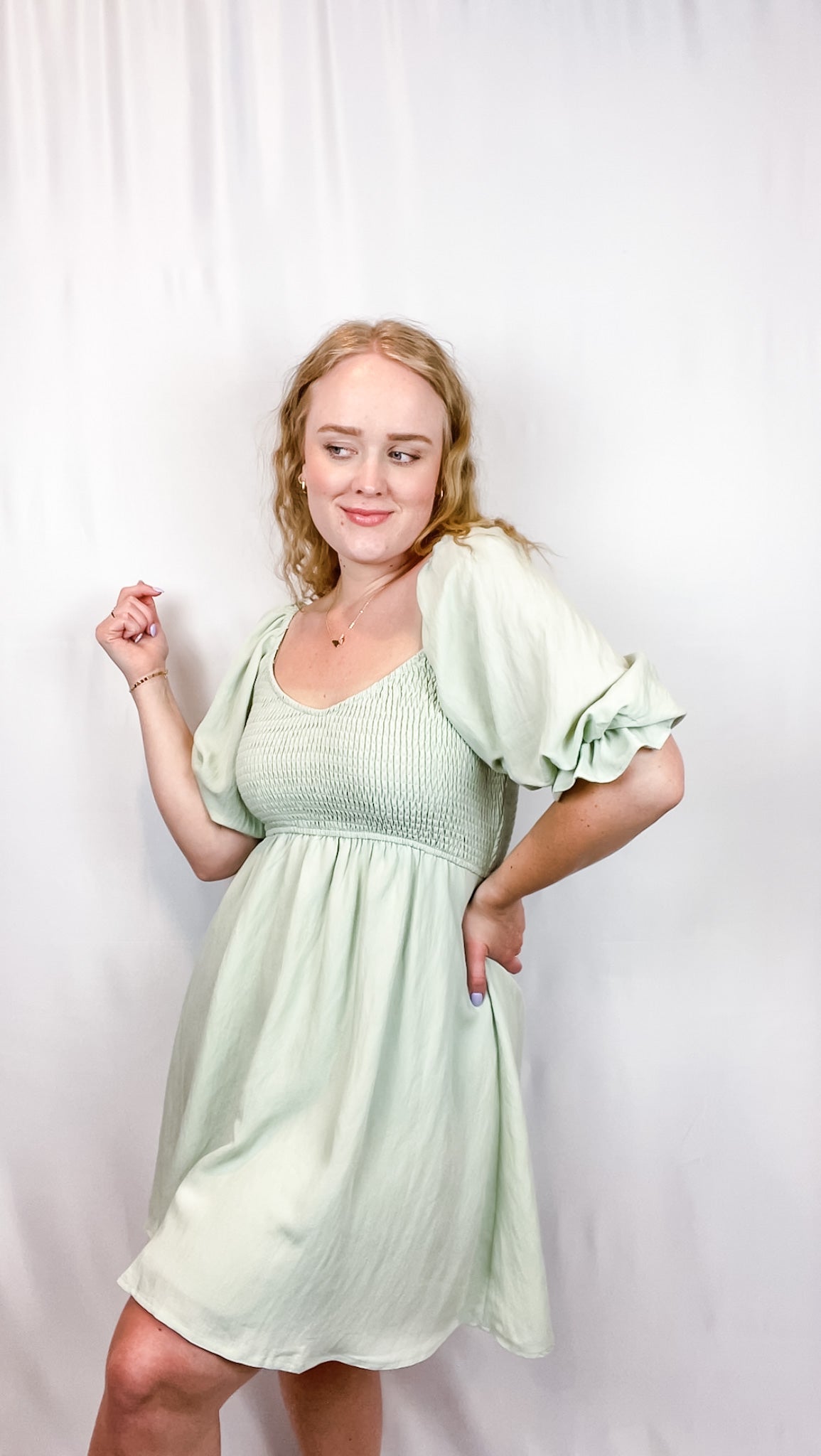 Sweet Caroline Puff Sleeve Dress - Sage - Hope + Freya