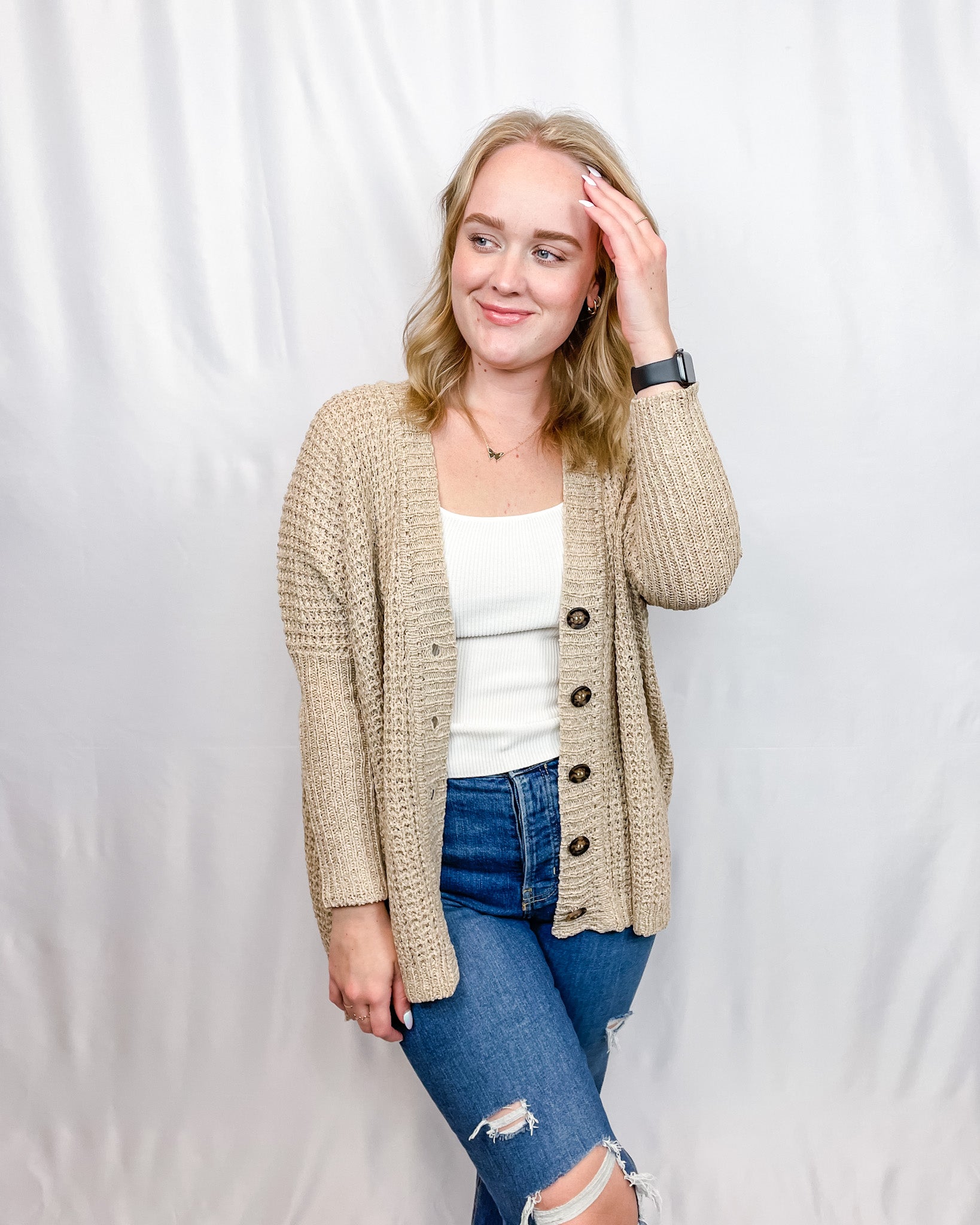 In the Loop Crochet Cardigan - Taupe - Hope + Freya