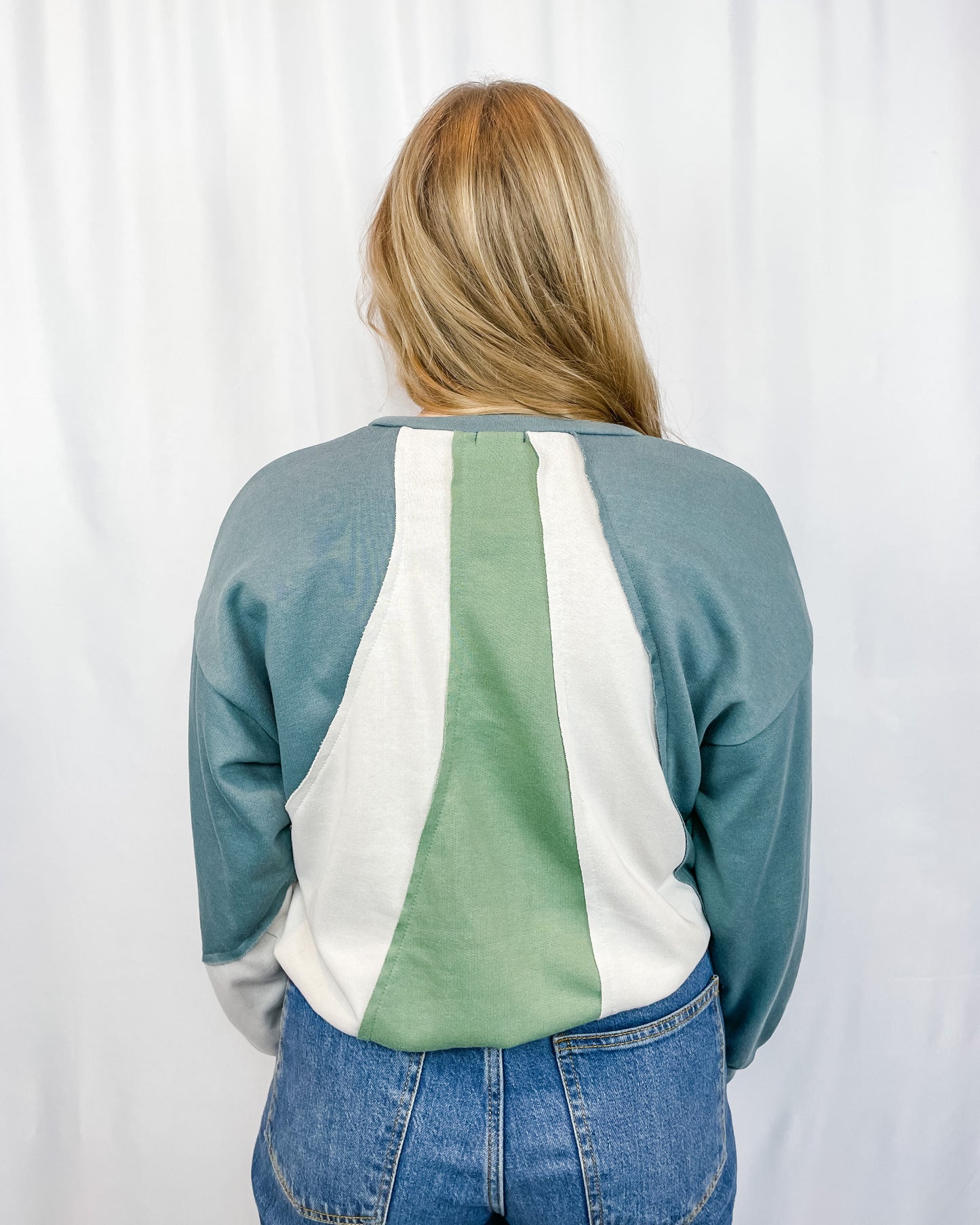 Lia Color Block Contrast Pullover - Denim/Sage/Cream - Hope + Freya