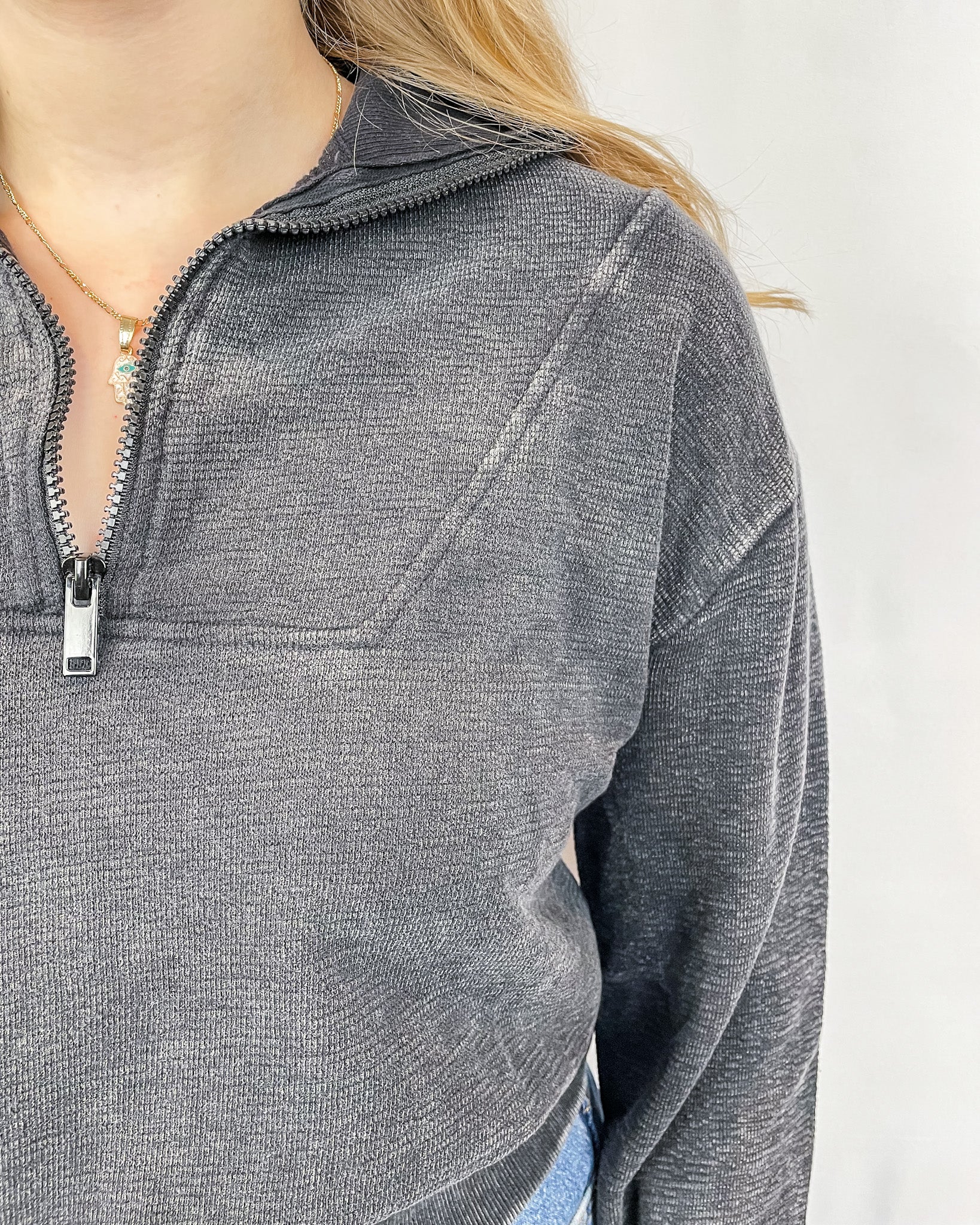 Half-Zip Mineral-Wash Pullover - Black - Hope + Freya