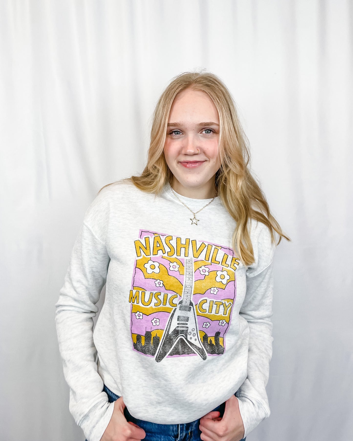 Nashville Music City Crewneck Sweatshirt - White Heather - Hope + Freya