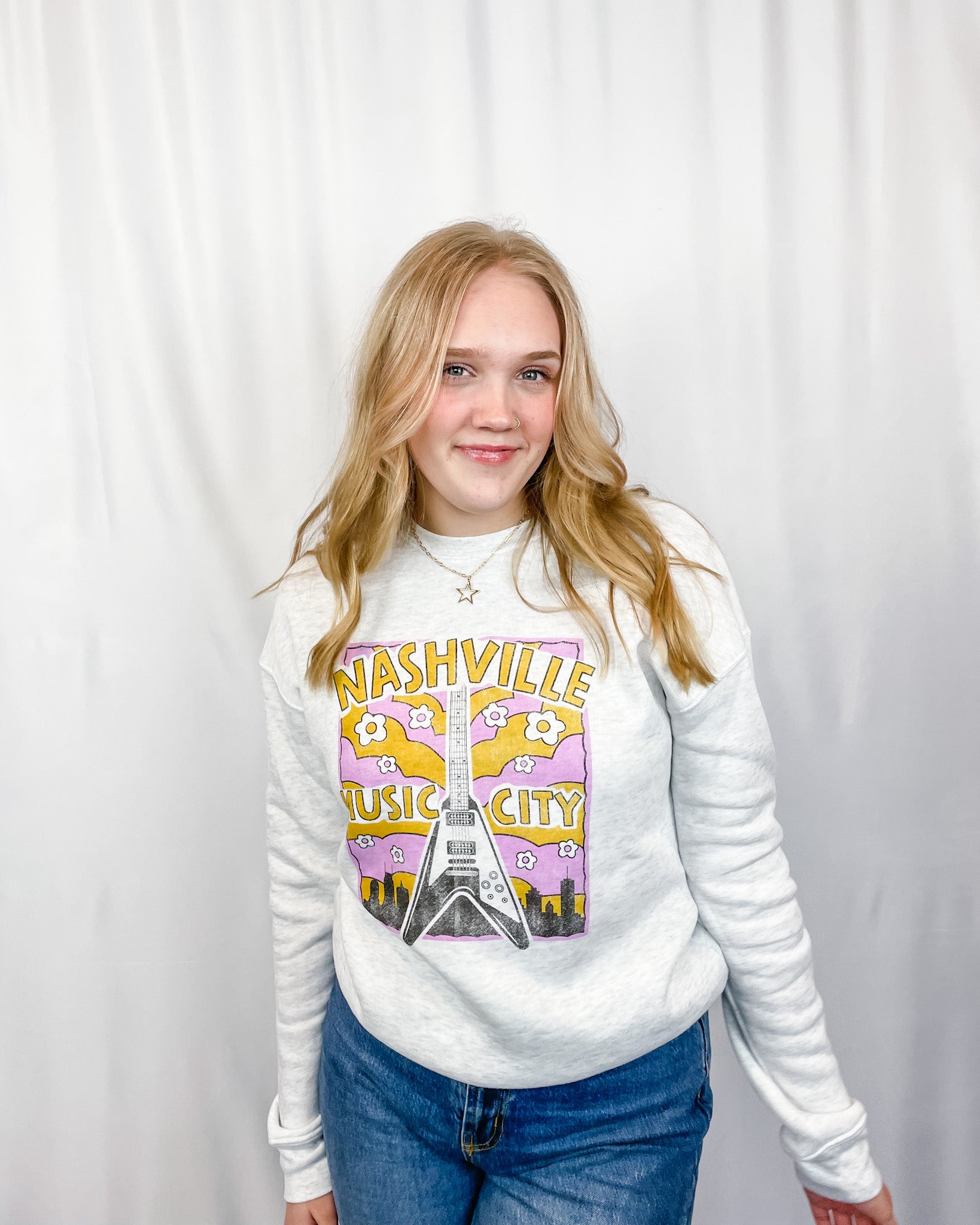 Nashville Music City Crewneck Sweatshirt - White Heather - Hope + Freya