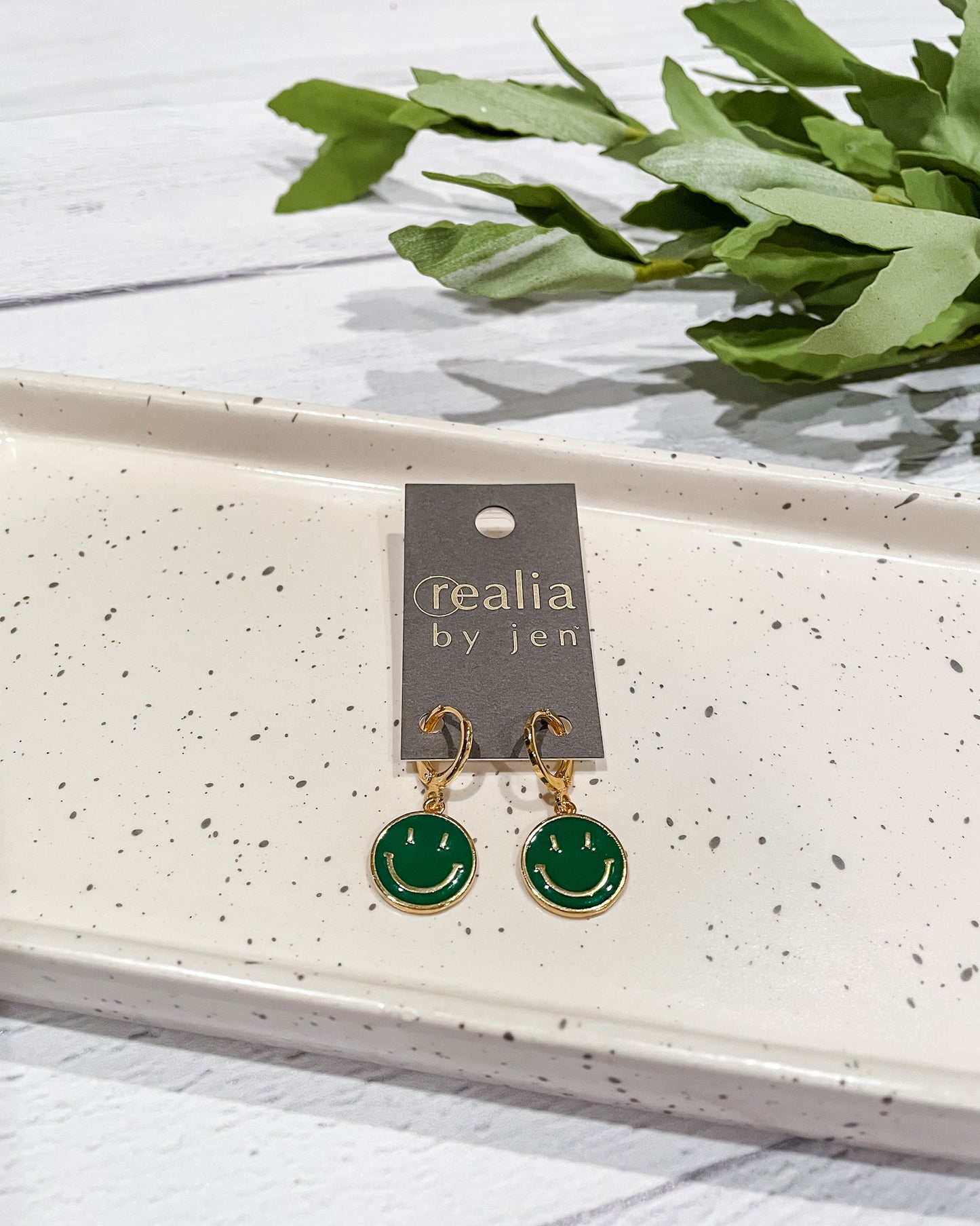 Realia by Jen Smiley Face Huggie Earrings - Green - Hope + Freya