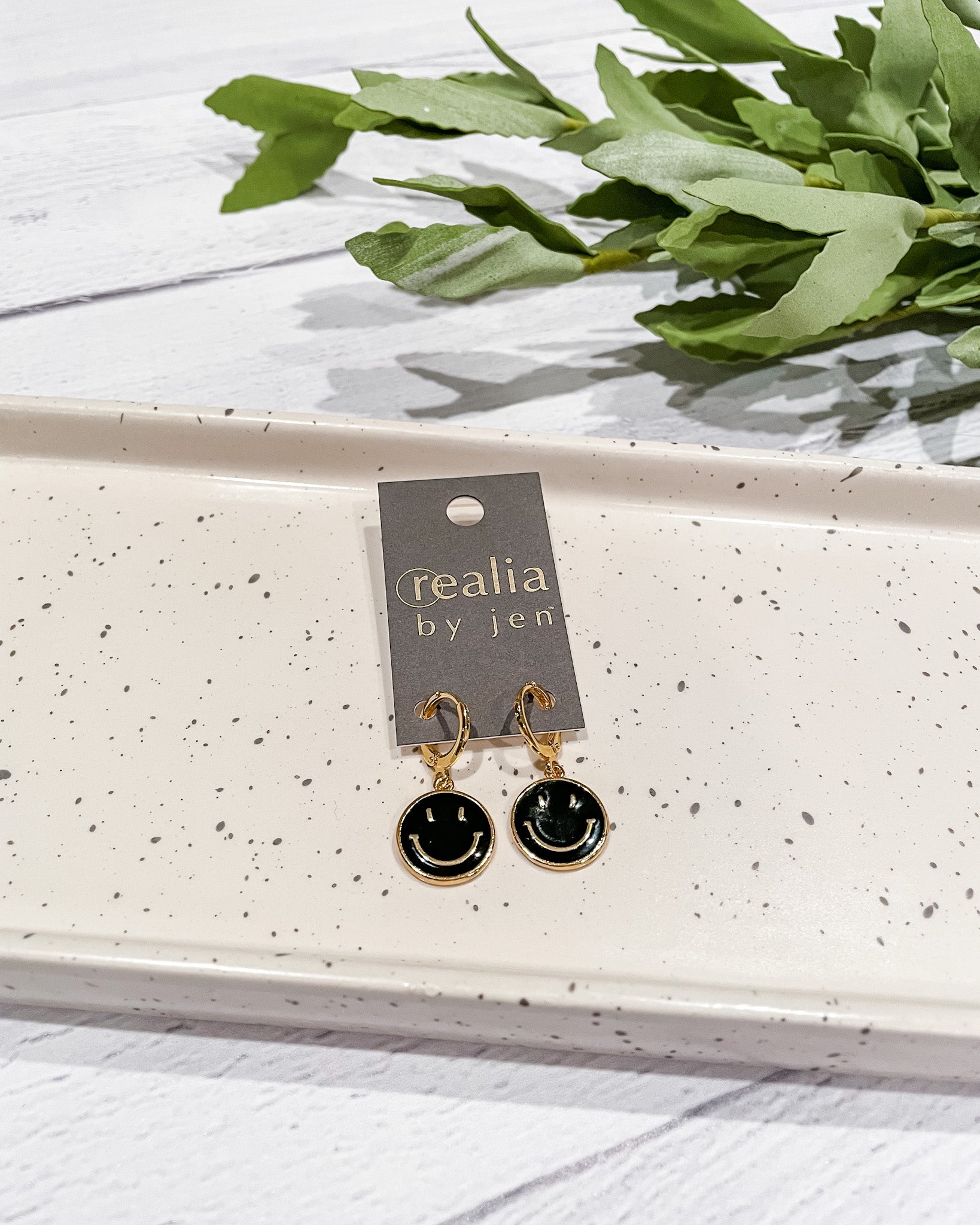 Realia by Jen Smiley Face Huggie Earrings - Black - Hope + Freya