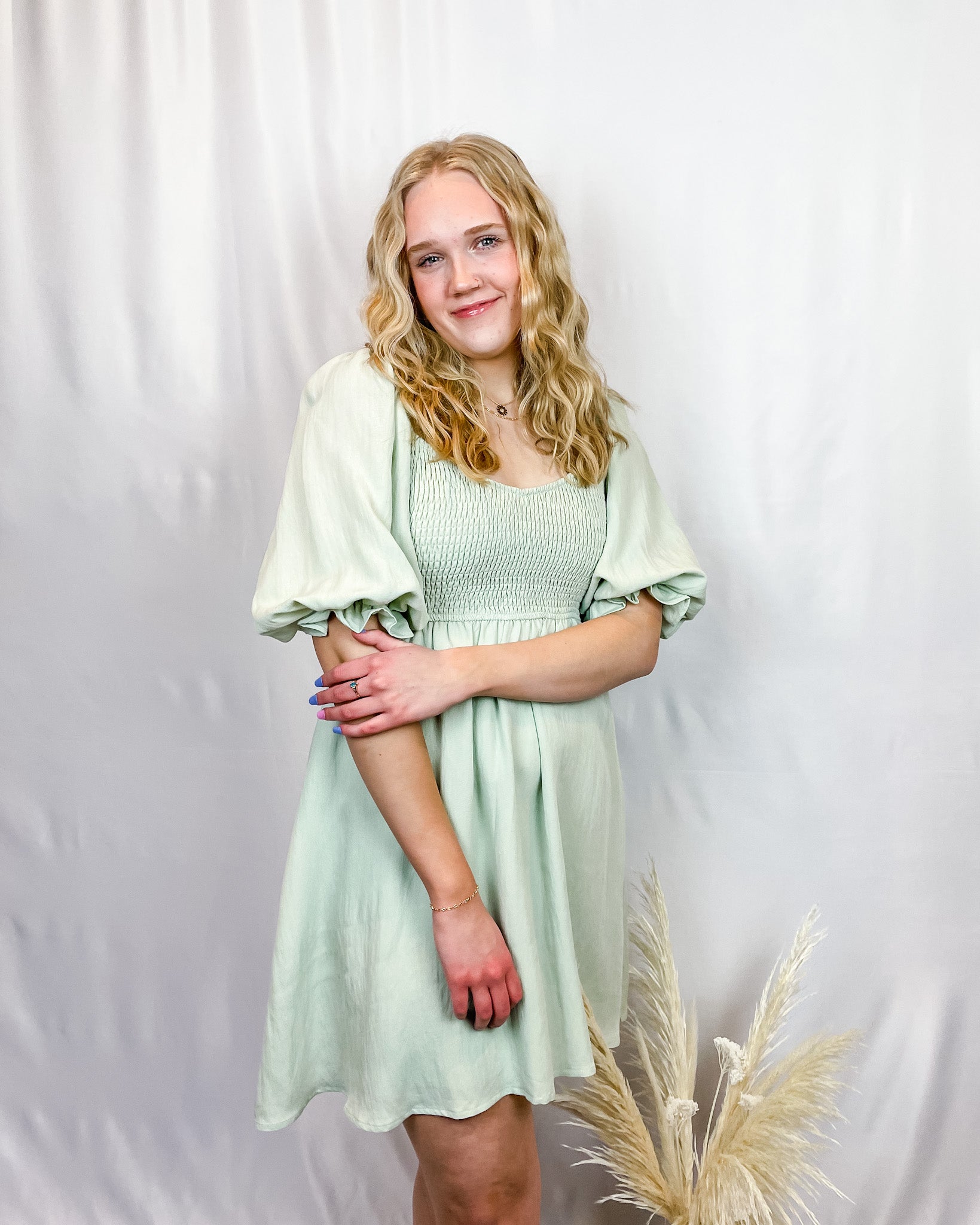 Sweet Caroline Puff Sleeve Dress - Sage - Hope + Freya