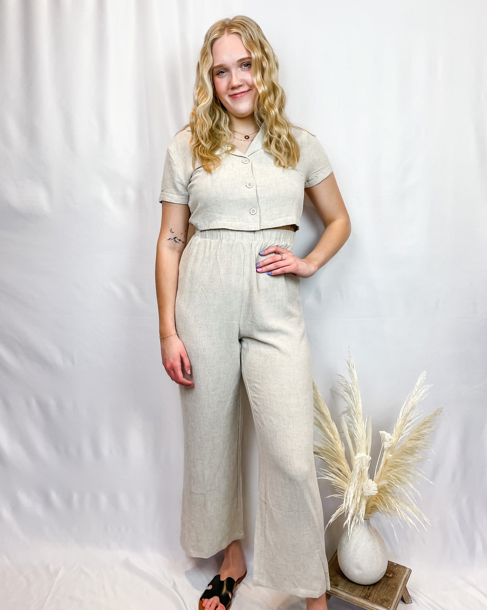 Short Sleeve Cutout Jumpsuit - Oatmeal - Hope + Freya