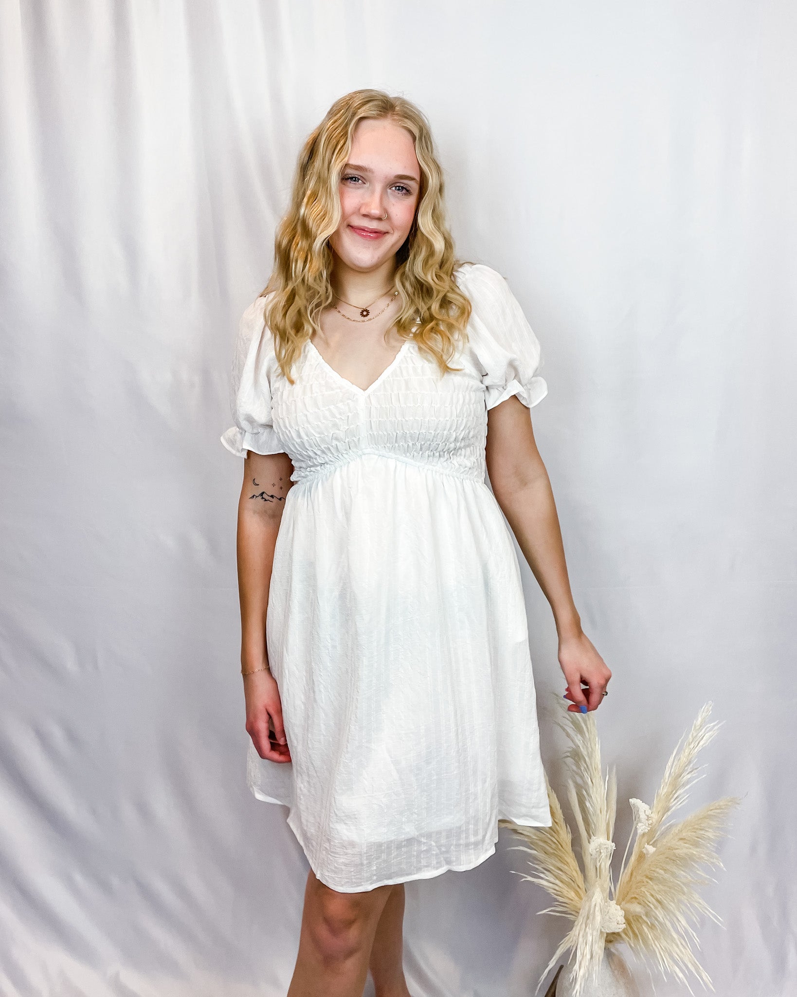 Social Butterfly Puff Sleeve Dress - Off White - Hope + Freya