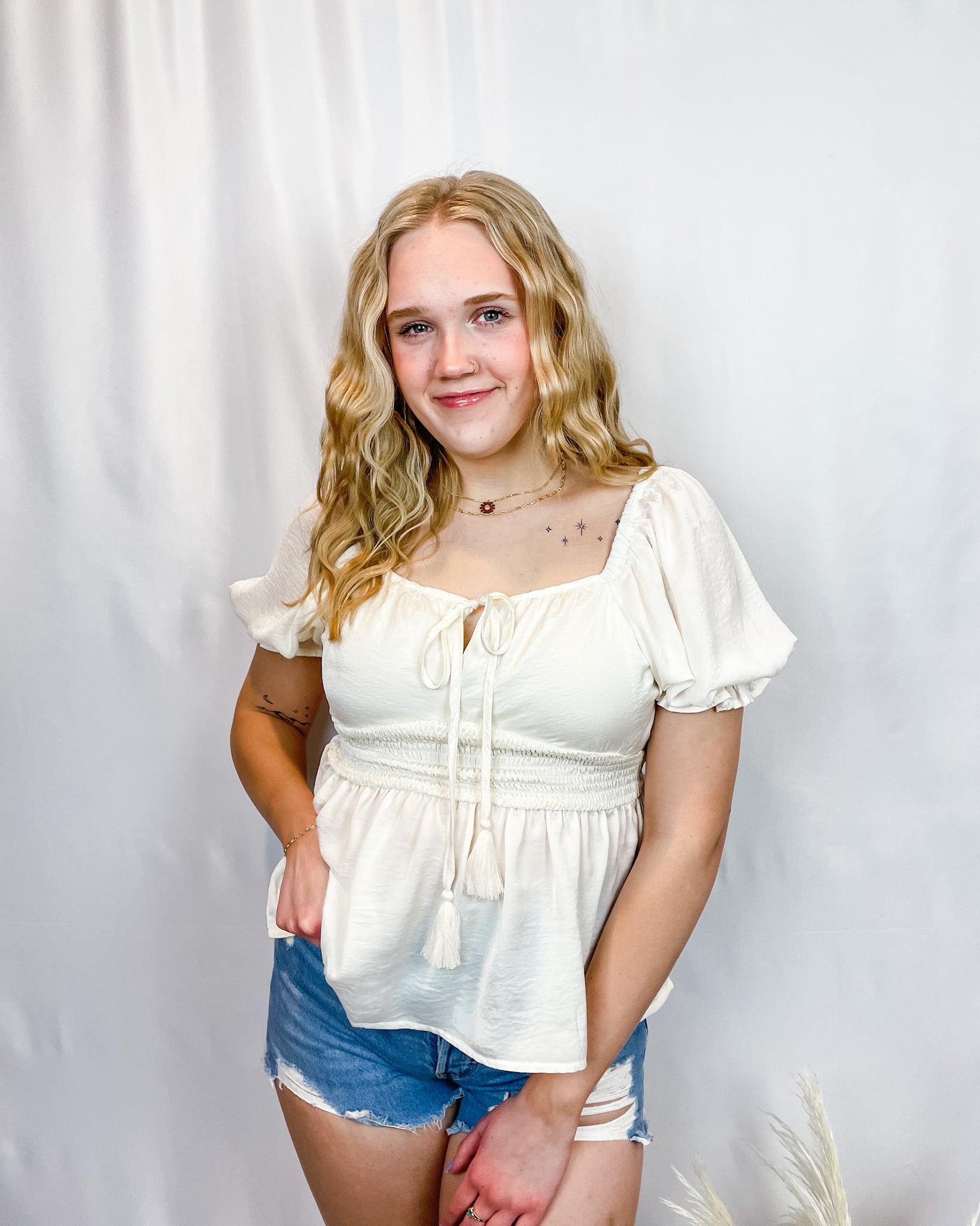 Satin Smocked Waist Blouse - Off-White - Hope + Freya