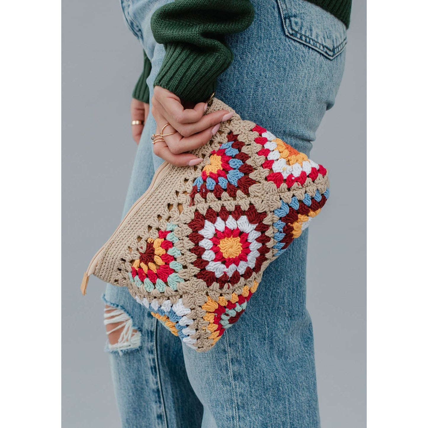 Tan & Multicolored Crochet Clutch - FINAL SALE